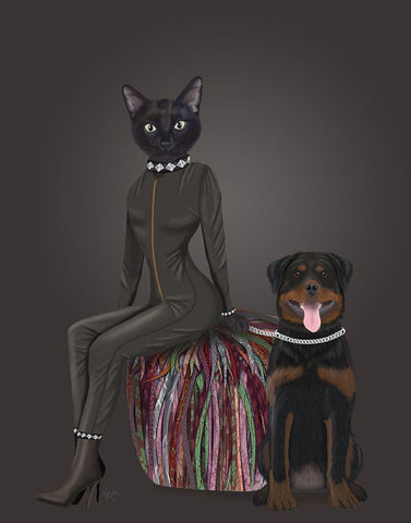 Black Cat and Rottweiler Black Ornate Wood Framed Art Print with Double Matting by Fab Funky
