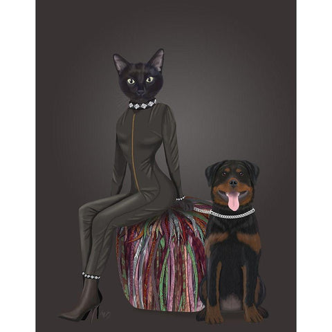Black Cat and Rottweiler White Modern Wood Framed Art Print by Fab Funky