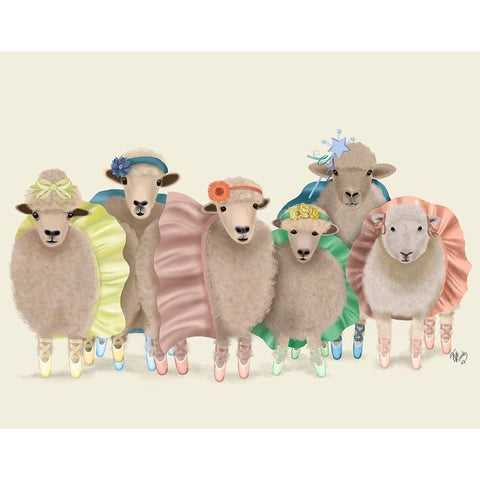 Ballet Troupe Sheep Gold Ornate Wood Framed Art Print with Double Matting by Fab Funky