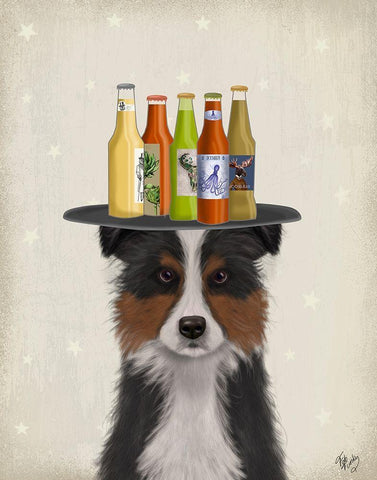 Border Collie Tricolour Beer Lover Black Ornate Wood Framed Art Print with Double Matting by Fab Funky