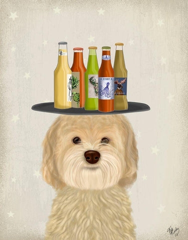 Labradoodle Blonde Beer Lover White Modern Wood Framed Art Print with Double Matting by Fab Funky