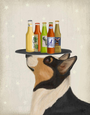 Corgi Tricolour Beer Lover Black Ornate Wood Framed Art Print with Double Matting by Fab Funky
