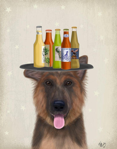 German Shepherd Beer Lover White Modern Wood Framed Art Print with Double Matting by Fab Funky