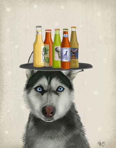 Husky 2 Beer Lover White Modern Wood Framed Art Print with Double Matting by Fab Funky