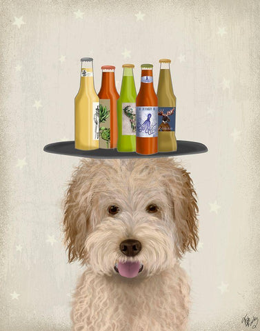 Labradoodle Gold 1 Beer Lover White Modern Wood Framed Art Print with Double Matting by Fab Funky