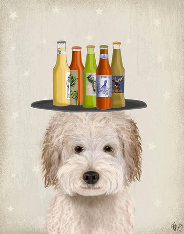 Labradoodle Cream Beer Lover White Modern Wood Framed Art Print with Double Matting by Fab Funky