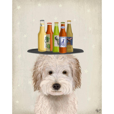 Labradoodle Cream Beer Lover Gold Ornate Wood Framed Art Print with Double Matting by Fab Funky