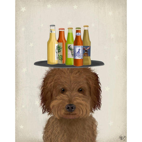 Labradoodle Brown 1 Beer Lover White Modern Wood Framed Art Print by Fab Funky