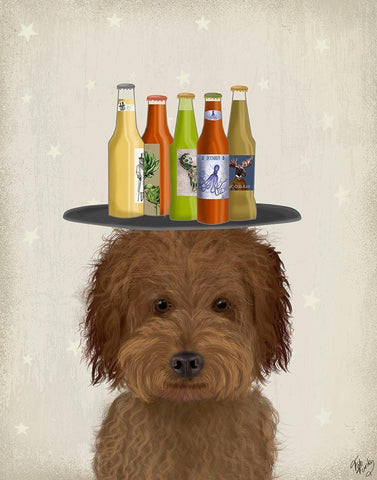 Labradoodle Brown 1 Beer Lover White Modern Wood Framed Art Print with Double Matting by Fab Funky