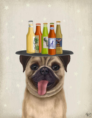 Pug Fawn Beer Lover White Modern Wood Framed Art Print with Double Matting by Fab Funky