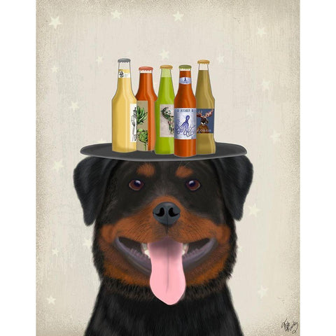 Rottweiler Beer Lover White Modern Wood Framed Art Print by Fab Funky