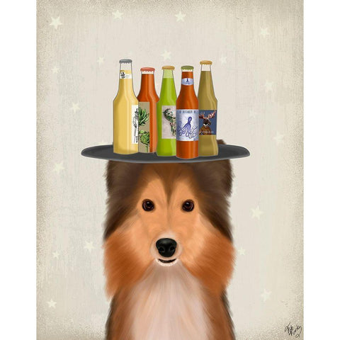 Shetland Sheepdog Beer Lover White Modern Wood Framed Art Print by Fab Funky