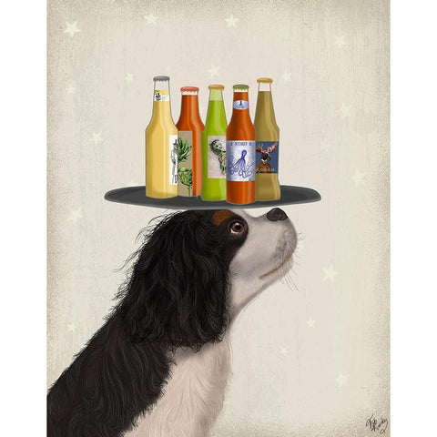 King Charles Spaniel Black White Beer Lover White Modern Wood Framed Art Print by Fab Funky