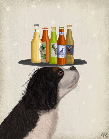 King Charles Spaniel Black White Beer Lover White Modern Wood Framed Art Print with Double Matting by Fab Funky