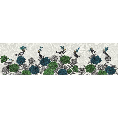 Blooming Birds, Blue and Green Gold Ornate Wood Framed Art Print with Double Matting by Fab Funky