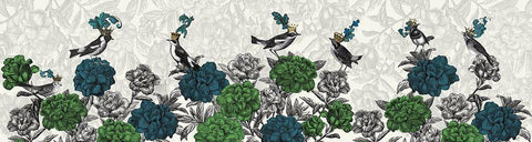 Blooming Birds, Blue and Green White Modern Wood Framed Art Print with Double Matting by Fab Funky