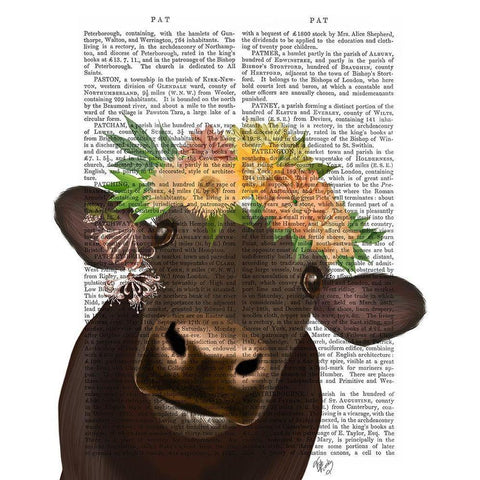 Cow with Flower Crown 1 Book Print Black Modern Wood Framed Art Print by Fab Funky