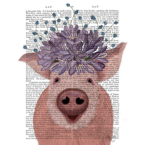 Pig and Lilac Flowers Book Print White Modern Wood Framed Art Print by Fab Funky