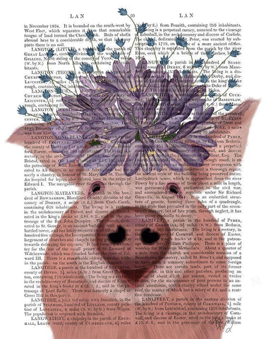 Pig and Lilac Flowers Book Print White Modern Wood Framed Art Print with Double Matting by Fab Funky