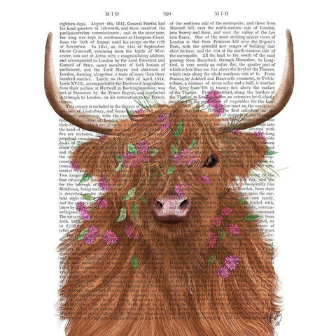 Highland Cow 1, Pink Flowers Book Print Gold Ornate Wood Framed Art Print with Double Matting by Fab Funky