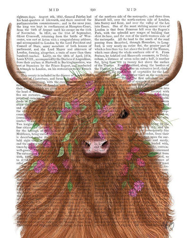 Highland Cow 1, Pink Flowers Book Print White Modern Wood Framed Art Print with Double Matting by Fab Funky