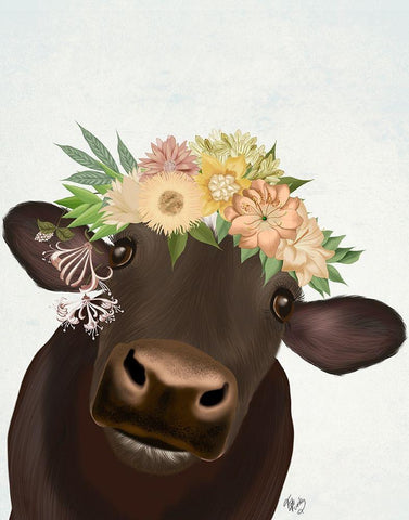 Cow with Flower Crown 1 Black Ornate Wood Framed Art Print with Double Matting by Fab Funky