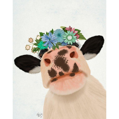 Cow with Flower Crown 1 Gold Ornate Wood Framed Art Print with Double Matting by Fab Funky