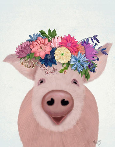 Pig and Flower Crown White Modern Wood Framed Art Print with Double Matting by Fab Funky