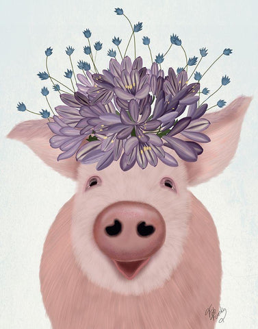 Pig and Lilac Flowers White Modern Wood Framed Art Print with Double Matting by Fab Funky