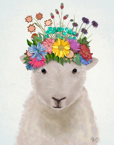 Sheep with Flower Crown 1 White Modern Wood Framed Art Print with Double Matting by Fab Funky
