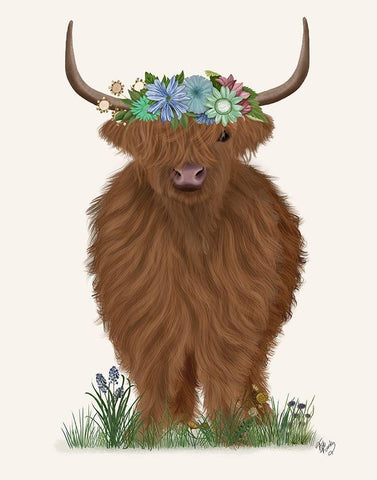 Highland Cow with Flower Crown 2, Full White Modern Wood Framed Art Print with Double Matting by Fab Funky