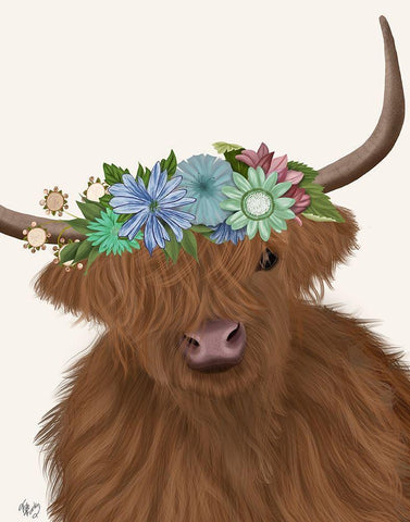 Highland Cow with Flower Crown 2, Portrait White Modern Wood Framed Art Print with Double Matting by Fab Funky
