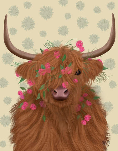 Highland Cow 1, Pink Flowers Black Ornate Wood Framed Art Print with Double Matting by Fab Funky