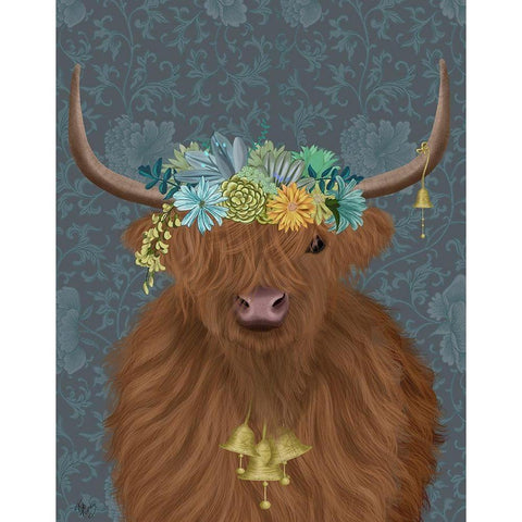 Highland Cow Bohemian 1 White Modern Wood Framed Art Print by Fab Funky