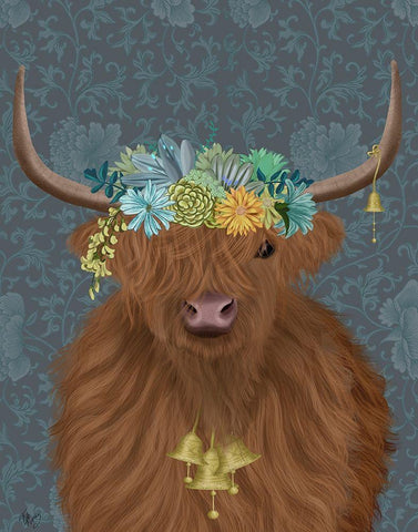 Highland Cow Bohemian 1 Black Ornate Wood Framed Art Print with Double Matting by Fab Funky
