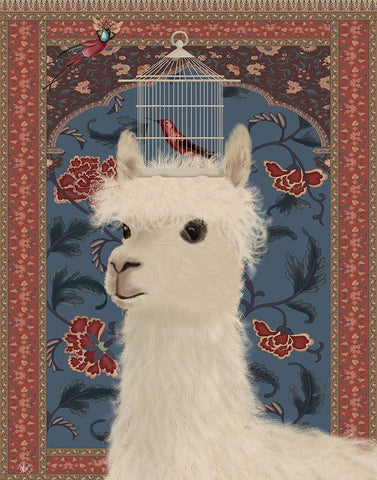 Llama and Birdcage White Modern Wood Framed Art Print with Double Matting by Fab Funky
