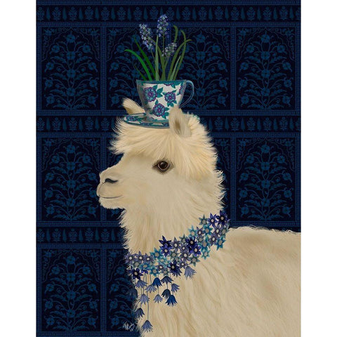 Llama Teacup and Blue Flowers Gold Ornate Wood Framed Art Print with Double Matting by Fab Funky