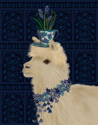 Llama Teacup and Blue Flowers White Modern Wood Framed Art Print with Double Matting by Fab Funky