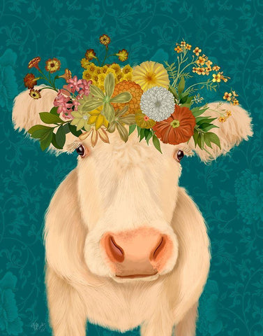 Cow Cream Bohemian 1 White Modern Wood Framed Art Print with Double Matting by Fab Funky
