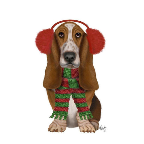 Christmas Des - Basset Hound and Ear Muffs White Modern Wood Framed Art Print by Fab Funky