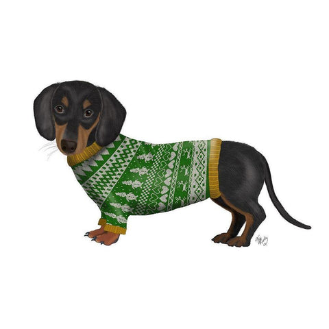Christmas Des - Dachshund and Christmas Sweater Black Modern Wood Framed Art Print with Double Matting by Fab Funky