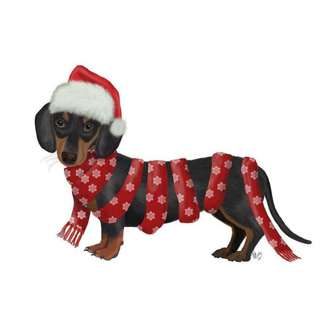 Christmas Des - Dachshund Snowflake Scarf White Modern Wood Framed Art Print by Fab Funky