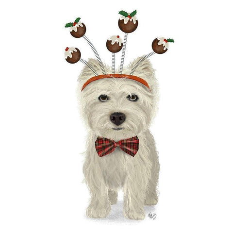 Christmas Des - Westie and Christmas Puds White Modern Wood Framed Art Print by Fab Funky