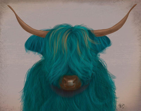 Highland Cow 3, Turquoise, Portrait Black Ornate Wood Framed Art Print with Double Matting by Fab Funky
