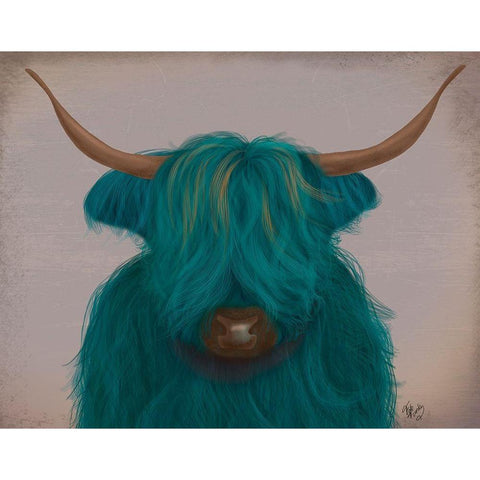Highland Cow 3, Turquoise, Portrait Gold Ornate Wood Framed Art Print with Double Matting by Fab Funky