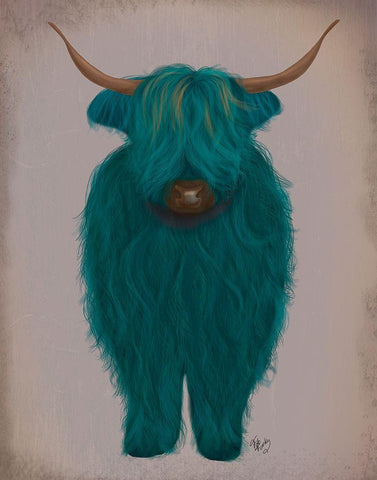 Highland Cow 3, Turquoise, Full White Modern Wood Framed Art Print with Double Matting by Fab Funky