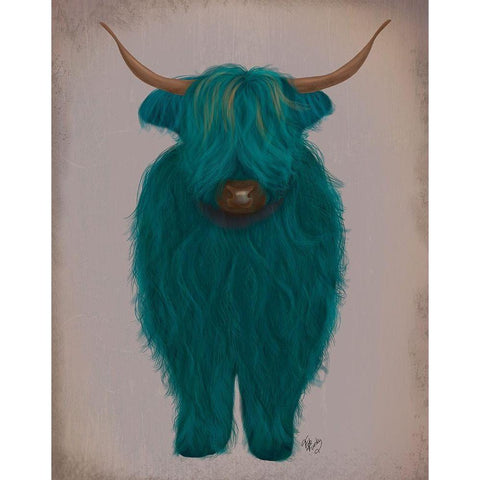 Highland Cow 3, Turquoise, Full Black Modern Wood Framed Art Print by Fab Funky