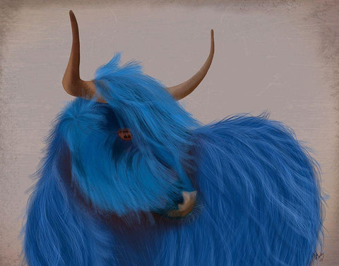 Highland Cow 2, Blue, Portrait Black Ornate Wood Framed Art Print with Double Matting by Fab Funky