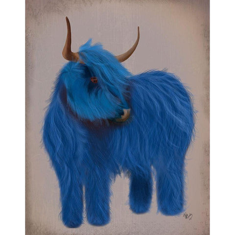 Highland Cow 2, Blue, Full White Modern Wood Framed Art Print by Fab Funky