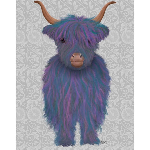 Highland Cow 7, Purple, Full White Modern Wood Framed Art Print by Fab Funky